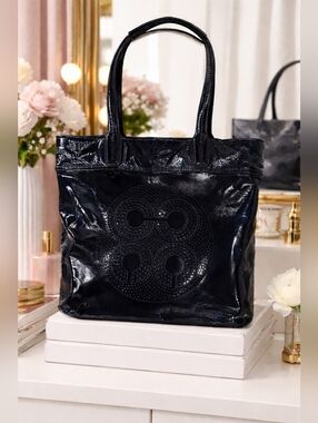 Coach Purse Navy Blue Authentic Audrey Tote Shoulder Bag Handbag Shiny Shimmer